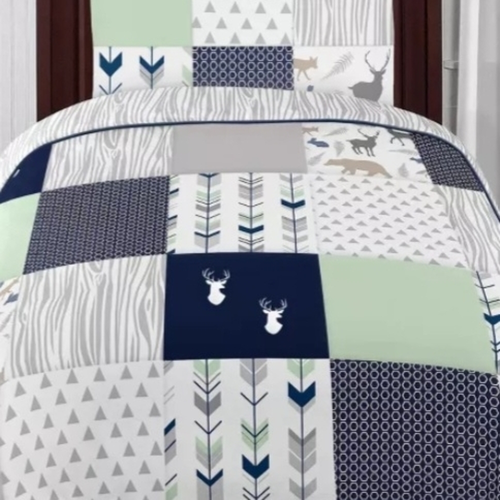 Swewt JoJo Patchwork Deer Bedding Set - Green, Blue, Gray Toddler Bed Size